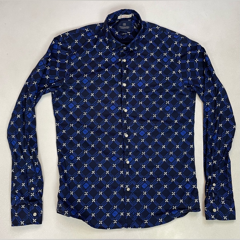 Scotch & Soda Stretch Pattern Button Up Shirt Men Medium Blue Long Sleeve
